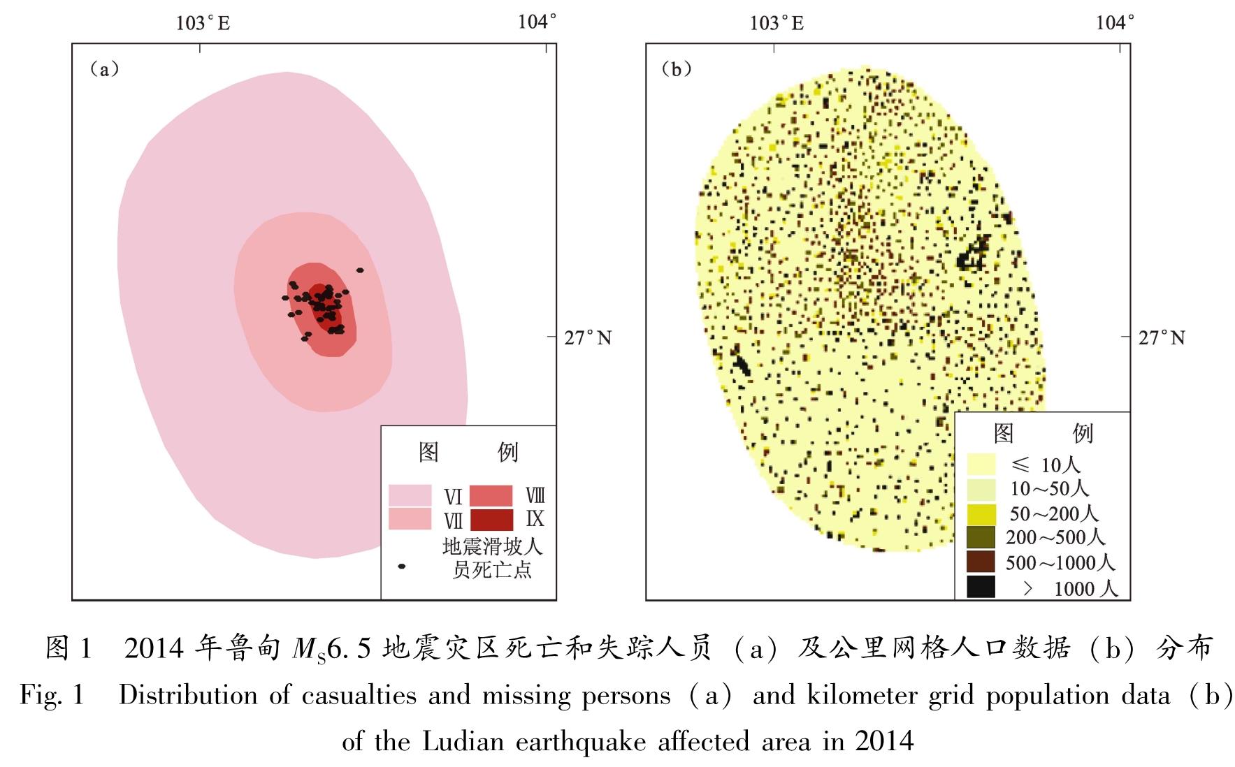 图1 2014年鲁甸MS6.5地震灾区死亡和失踪人员(a)及公里网格人口数据(b)分布<br/>Fig.1 Distribution of casualties and missing persons(a)and kilometer grid population data(b) of the Ludian earthquake affected area in 2014