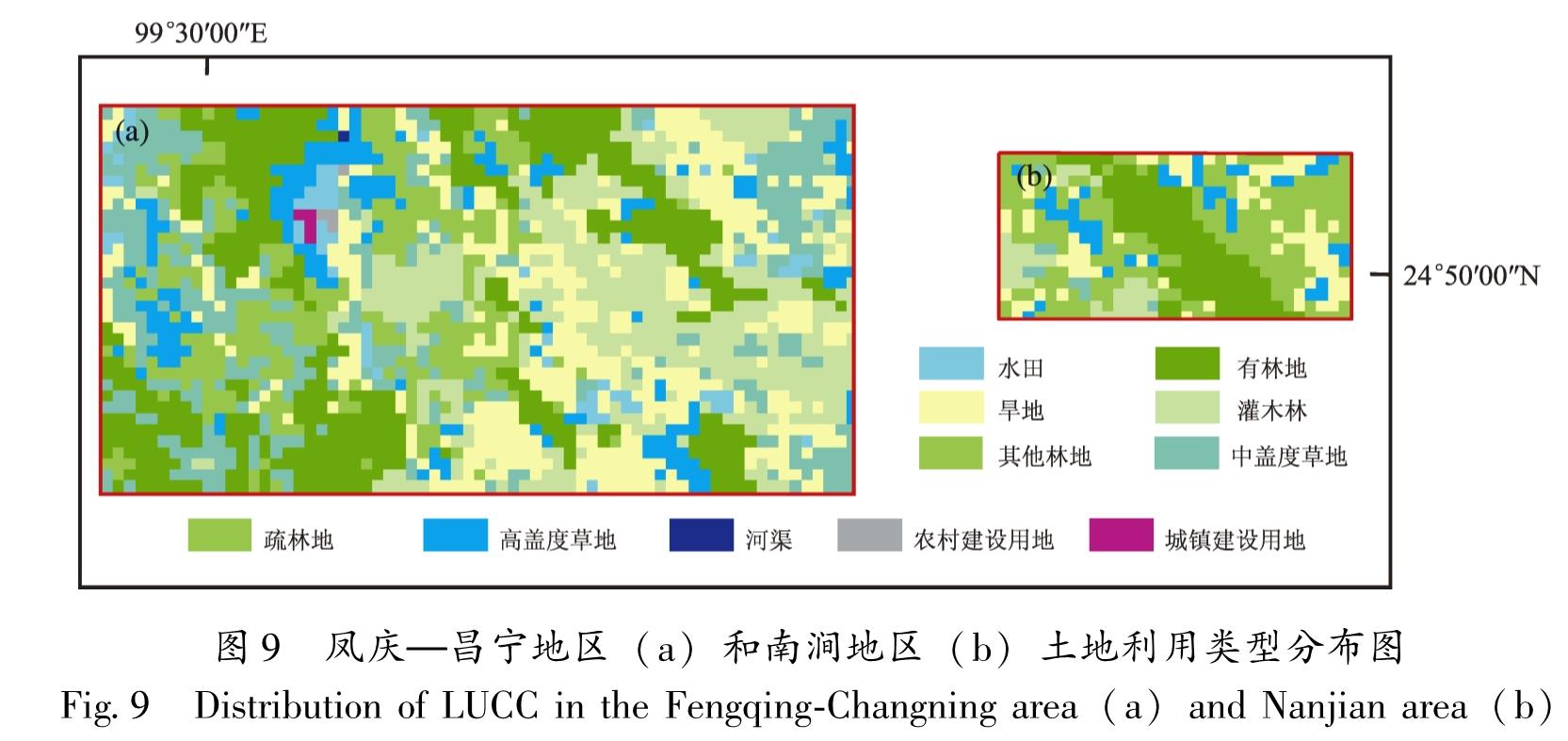 图9 凤庆—昌宁地区(a)和南涧地区(b)土地利用类型分布图<br/>Fig.9 Distribution of LUCC in the Fengqing-Changning area(a)and Nanjian area(b)