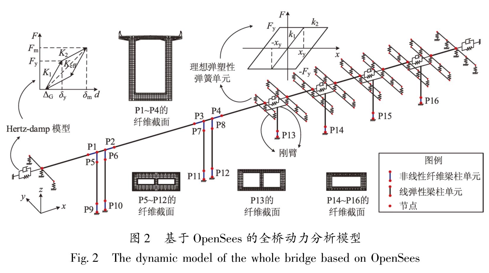 图2 基于OpenSees的全桥动力分析模型<br/>Fig.2 The dynamic model of the whole bridge based on OpenSees