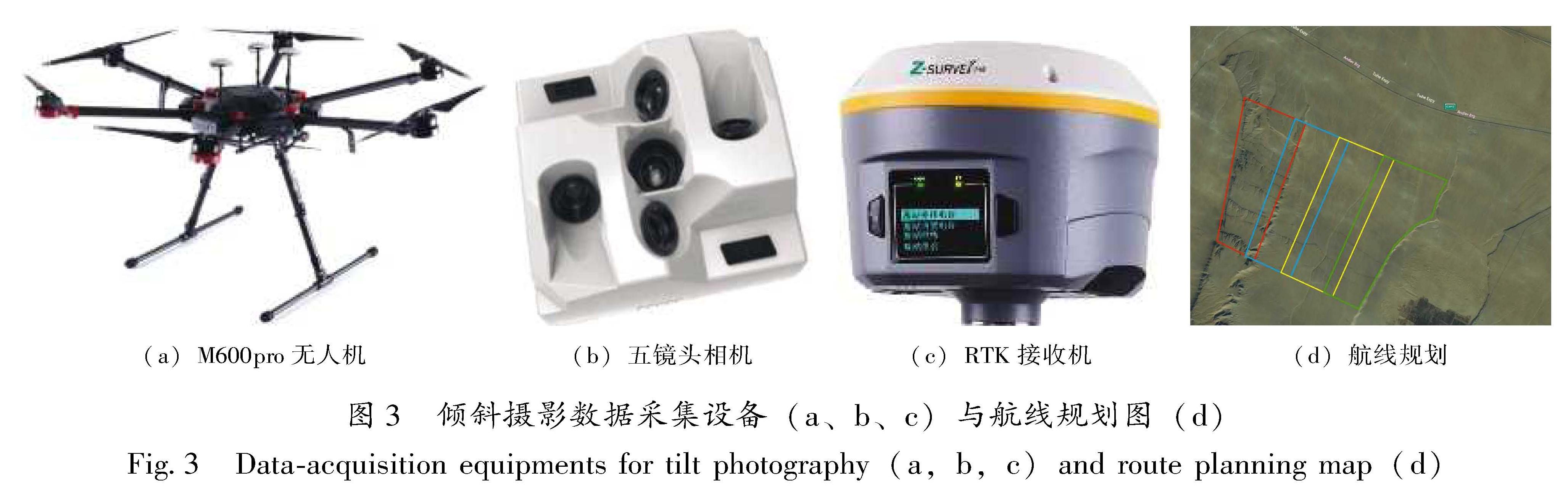 图3 倾斜摄影数据采集设备(a、b、c)与航线规划图(d)<br/>Fig.3 Data-acquisition equipments for tilt photography(a,b,c)and route planning map(d)