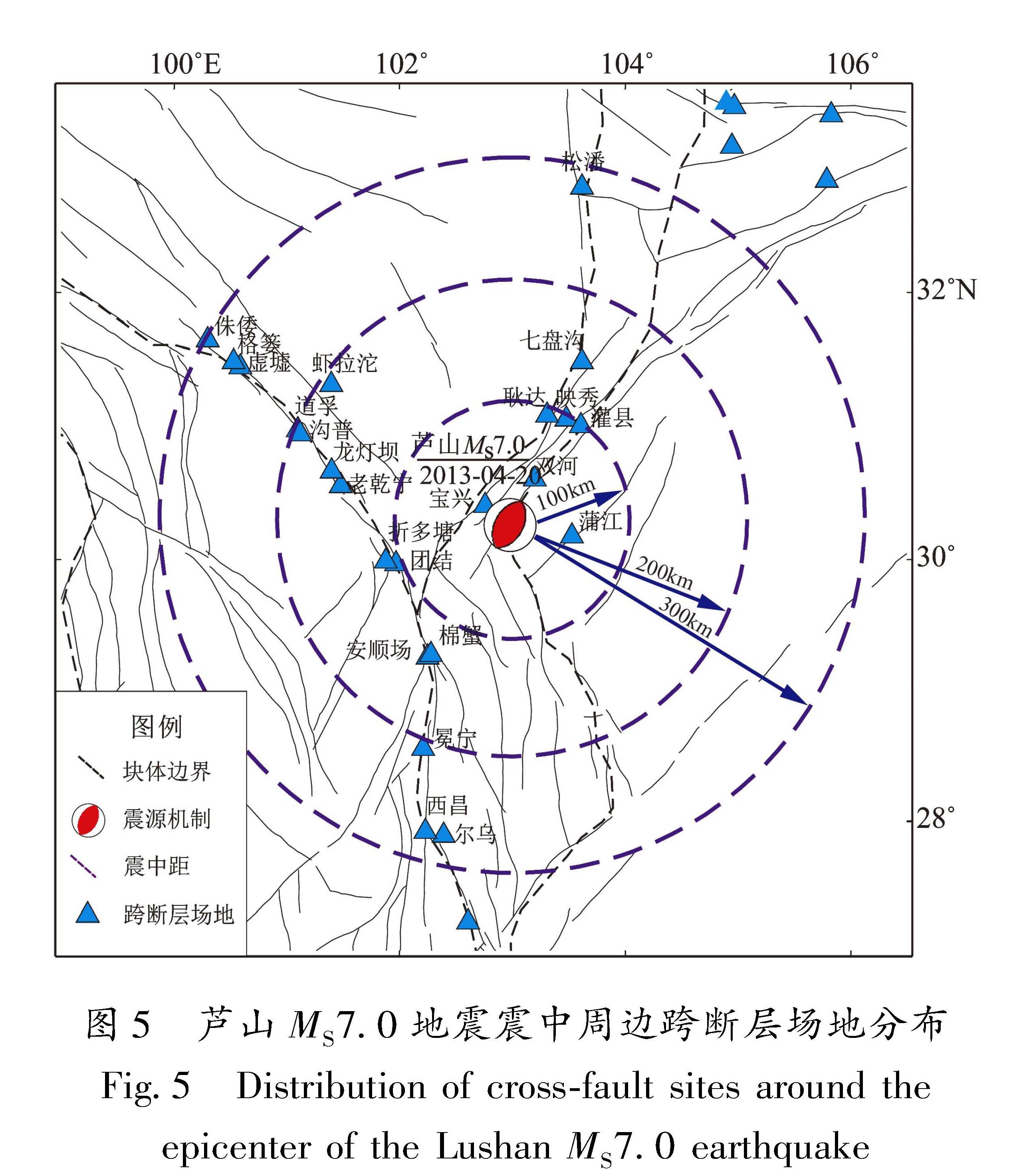 图5 芦山MS7.0地震震中周边跨断层场地分布<br/>Fig.5 Distribution of cross-fault sites around the epicenter of the Lushan MS7.0 earthquake