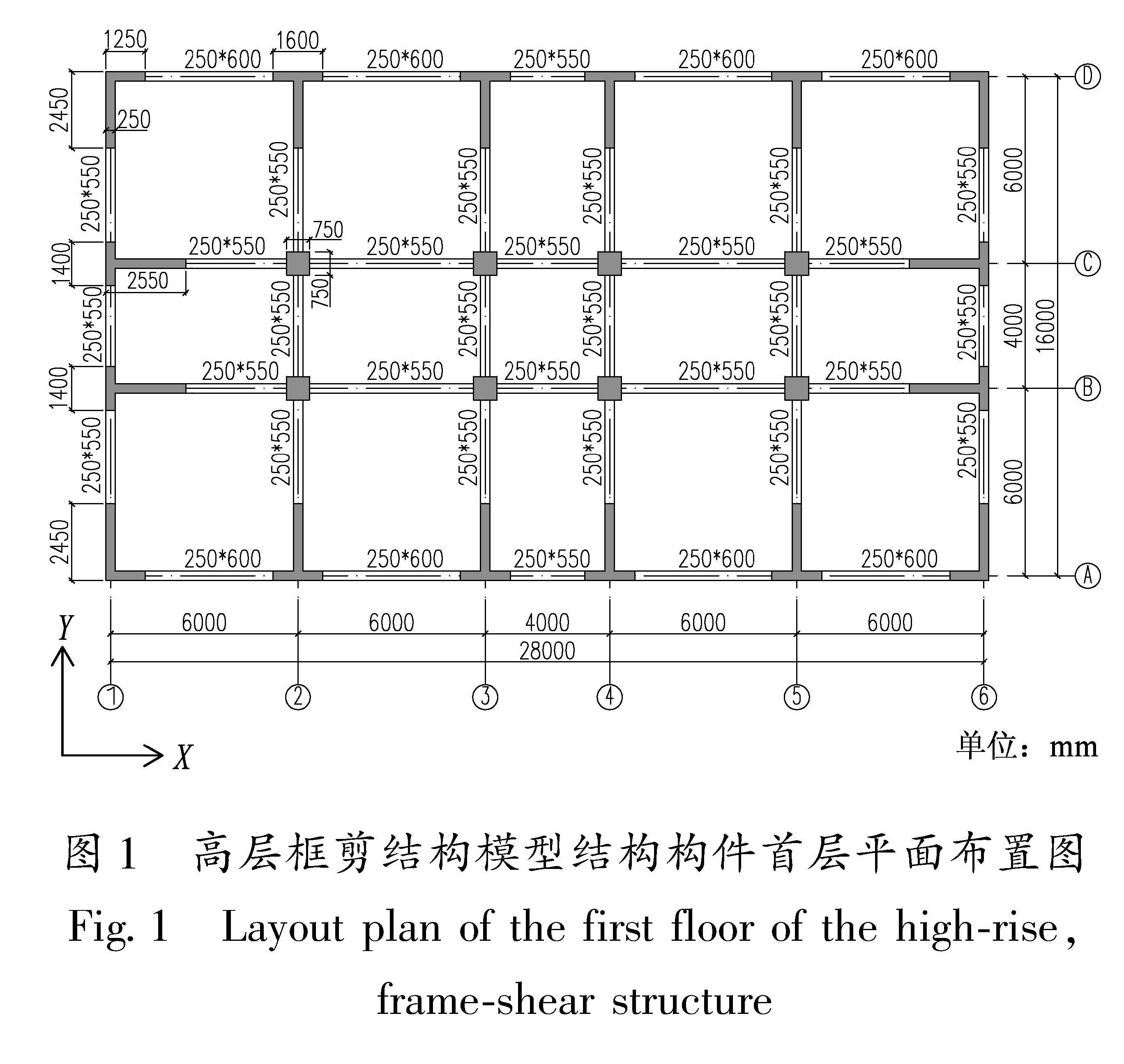 图1 高层框剪结构模型结构构件首层平面布置图<br/>Fig.1 Layout plan of the first floor of the high-rise,frame-shear structure
