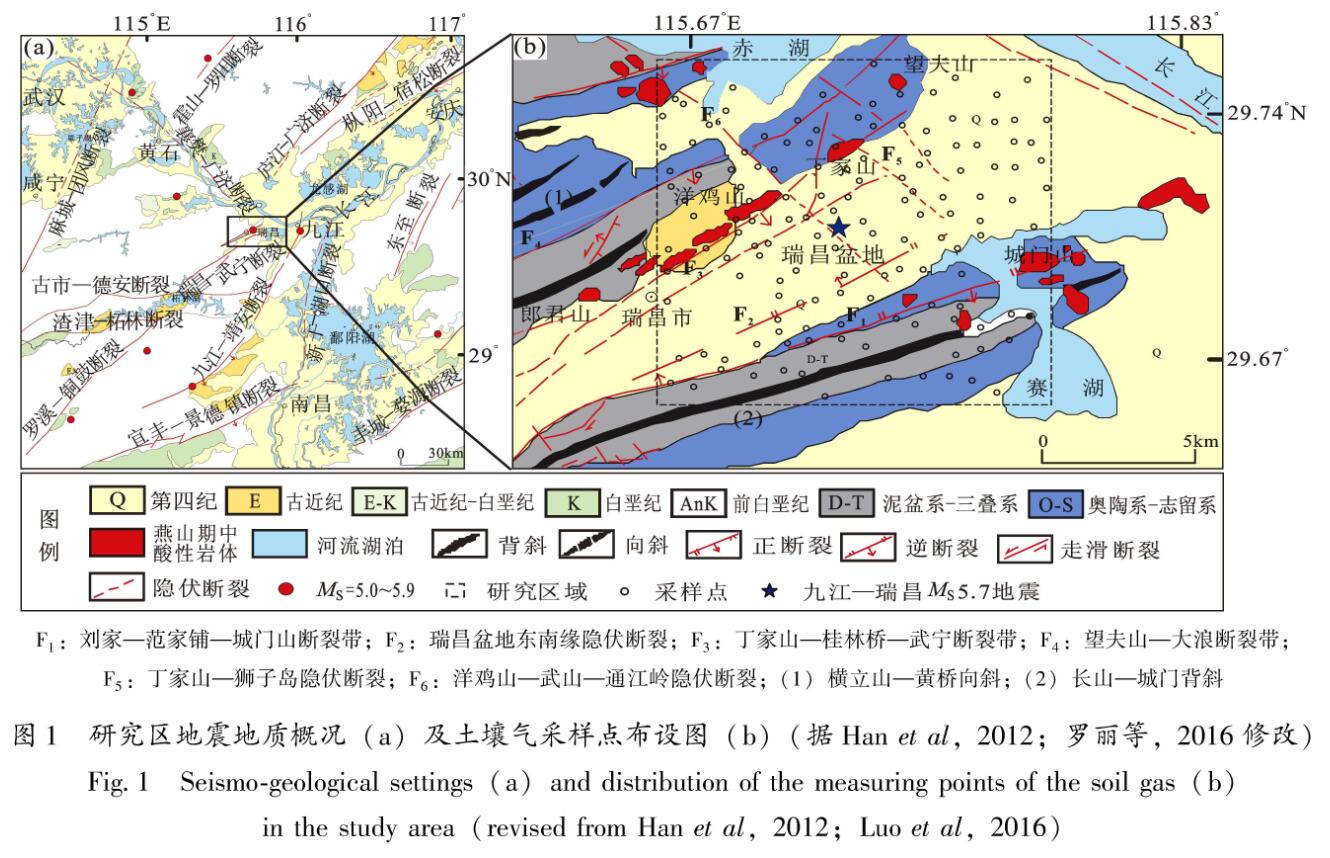 图1 研究区地震地质概况(a)及土壤气采样点布设图(b)(据Han et al,2012; 罗丽等,2016修改)<br/>Fig.1 Seismo-geological settings(a)and distribution of the measuring points of the soil gas(b) in the study area(revised from Han et al,2012; Luo et al,2016)