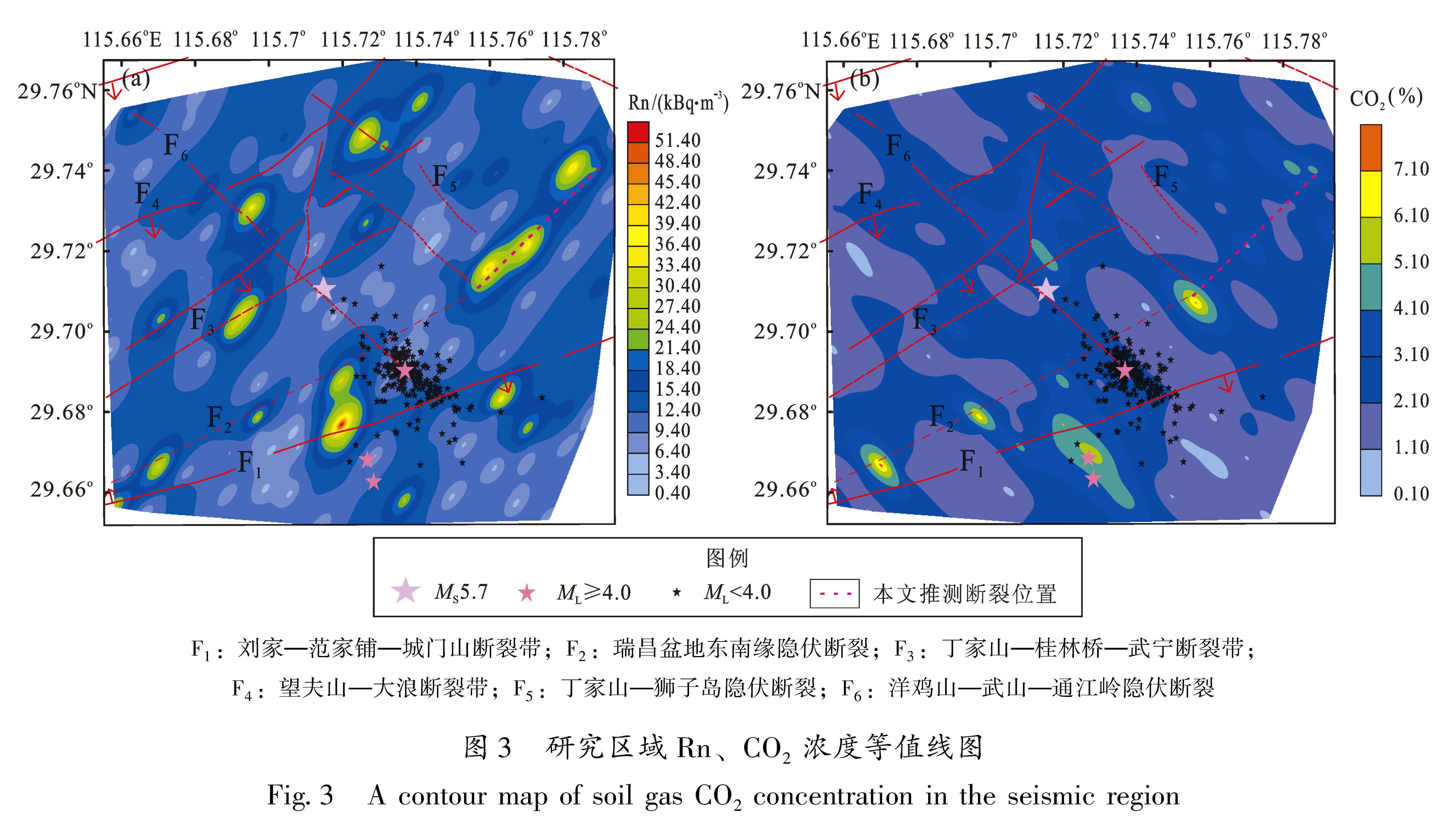 图3 研究区域Rn、CO2浓度等值线图<br/>Fig.3 A contour map of soil gas CO2 concentration in the seismic region
